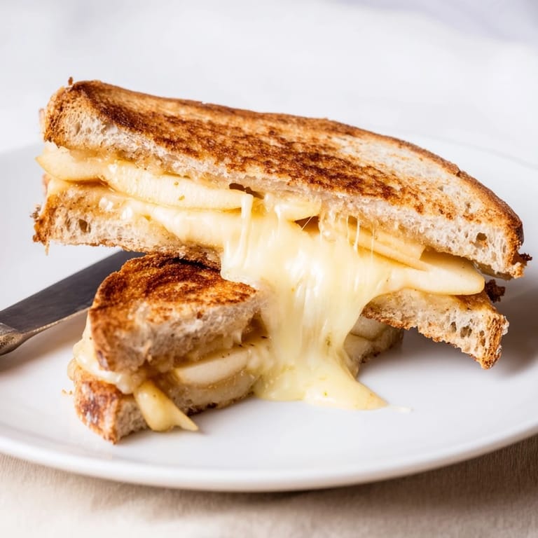A savory apple and smoked Gouda grilled cheese, cut diagonally to reveal layers of melted cheese and crunchy fruit.