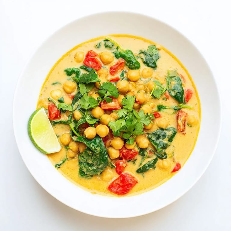 Comforting chickpea curry in a rustic bowl, featuring tender chickpeas and wilted spinach, ready to be enjoyed with naan.