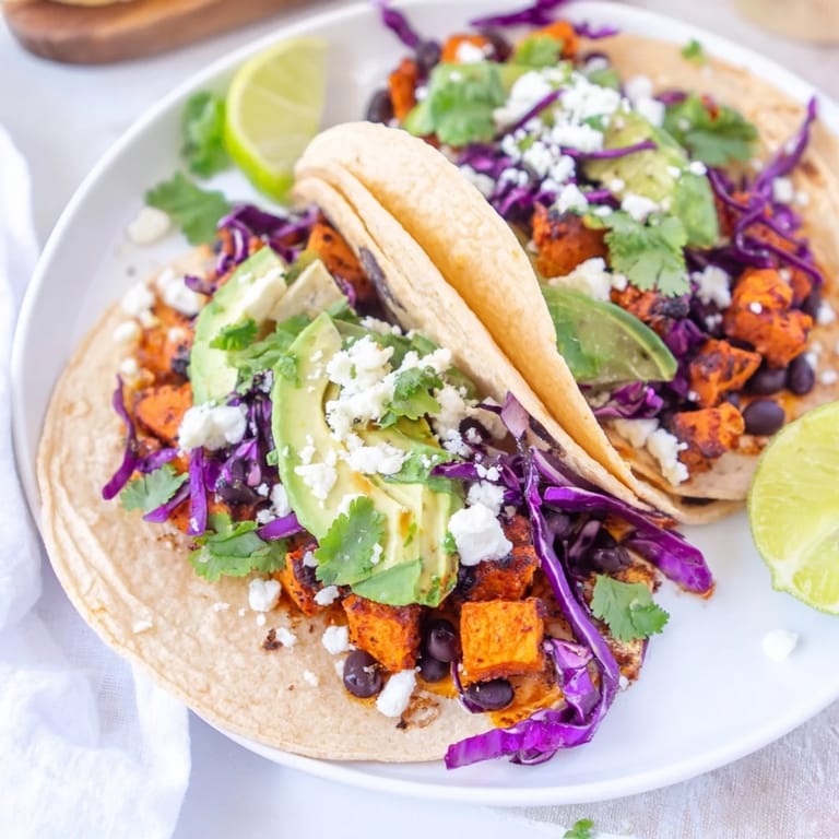 Black Bean and Sweet Potato Tacos offer a vibrant, hearty vegan meal finished with fresh cilantro and a lime wedge.  