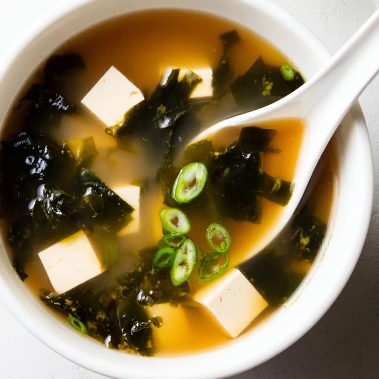 A close-up of Miso Soup With Tofu garnished with scallions, served alongside chopsticks and rice.