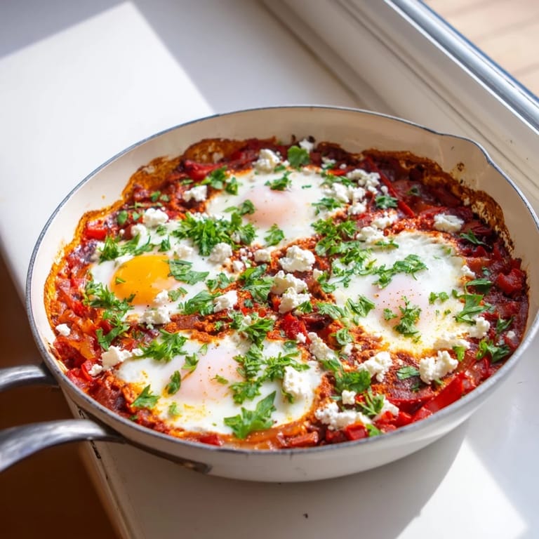 Savory shakshuka, studded with fresh herbs and feta cheese, invitingly presented.