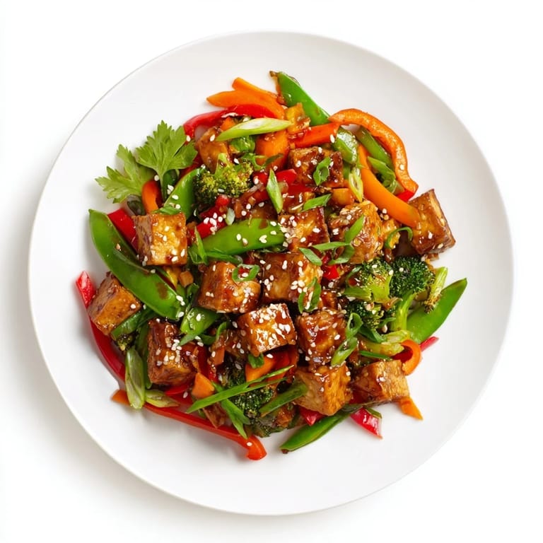 Freshly cooked Vegetable Tempeh Stir-Fry in a wok, featuring colorful vegetables and a glossy, aromatic Asian-inspired sauce.