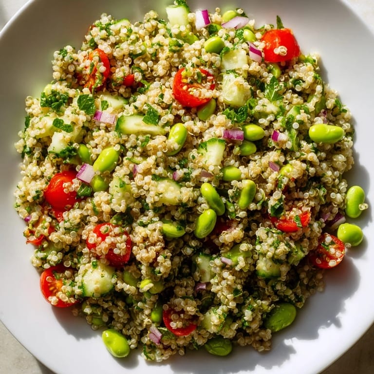Fork-tender Edamame and Quinoa Salad tossed with cherry tomatoes, crisp vegetables, and fresh mint and parsley.