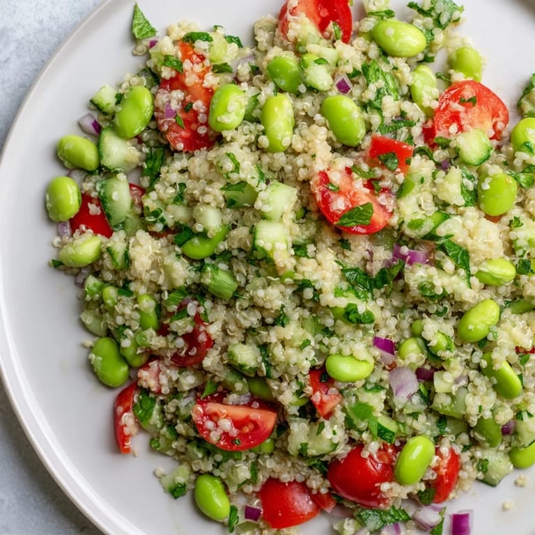 Protein-rich Edamame and Quinoa Salad served chilled with lemony dressing, perfect for a healthy lunch or potluck.