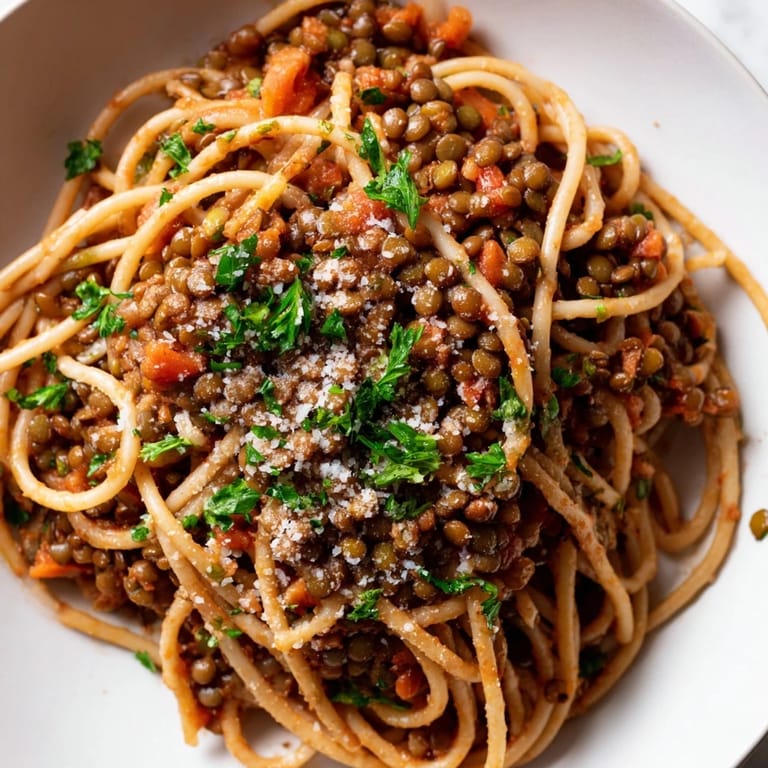 Hearty Lentil Bolognese simmering in a pot, featuring carrots and celery in a rich tomato sauce.