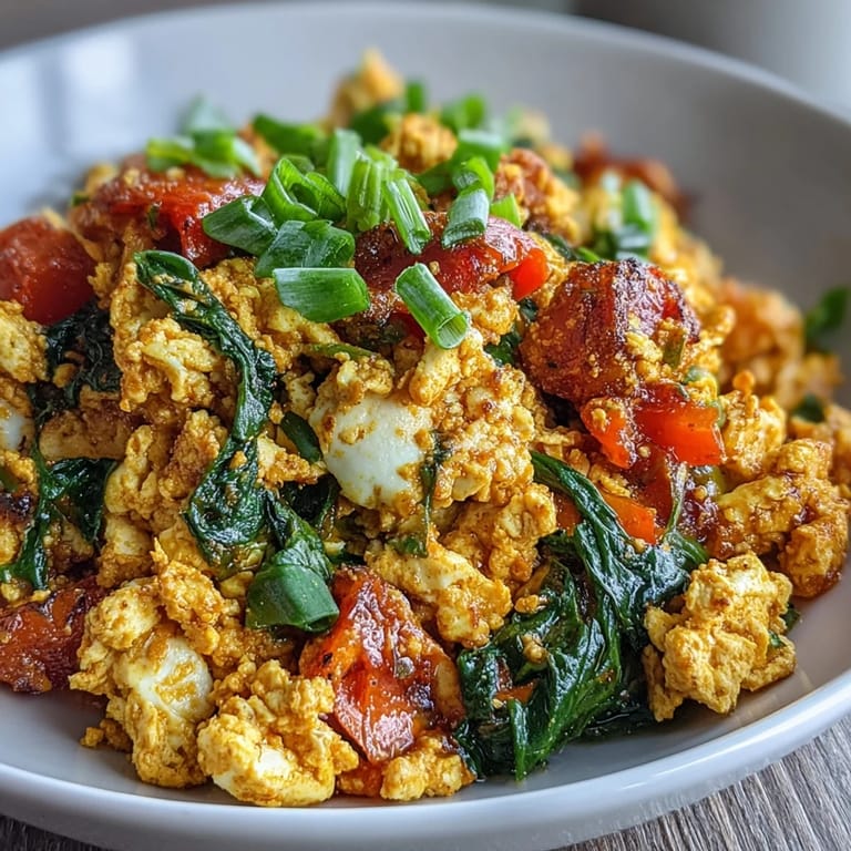Golden, spiced tofu scramble showcases fresh vegetables, a delightful vegan meal.