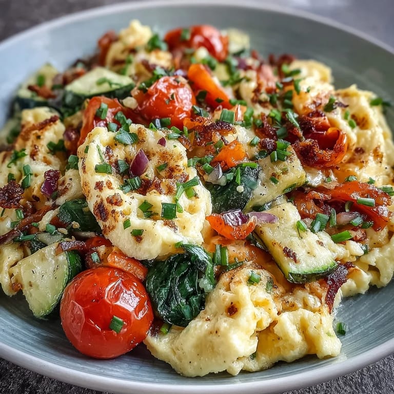 Golden egg and vegetable scramble, a light, satisfying dish perfect for brunch.