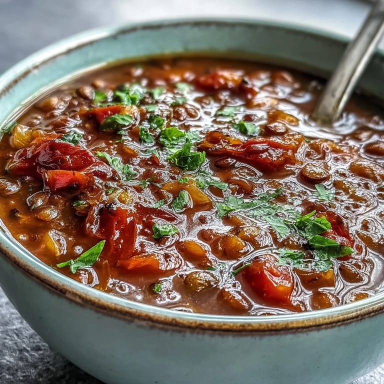 Homemade Tomato Lentil Soup served in a rustic bowl with crusty bread on the side.