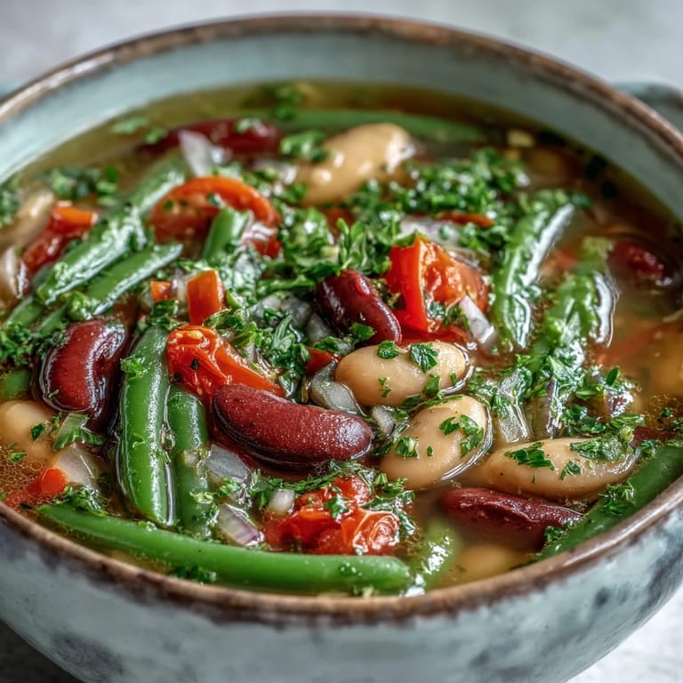 Freshly chopped red bell pepper and parsley garnish this hearty Three-Bean Salad Soup, perfect for a cozy vegetarian meal with crusty bread.