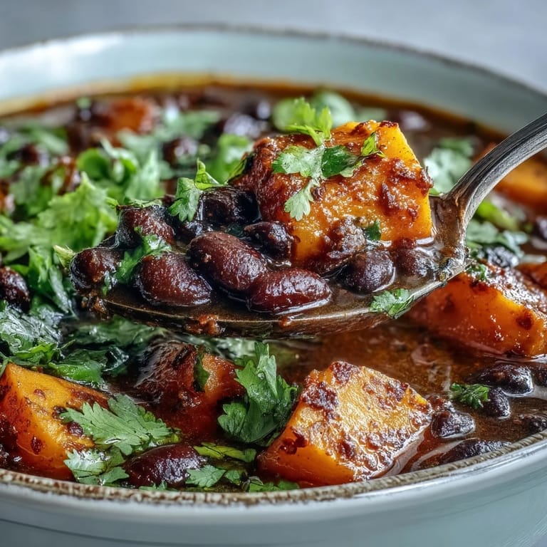 A colorful pot of Sweet Potato and Black Bean Soup simmers with diced carrots and red bell pepper in tomato broth.