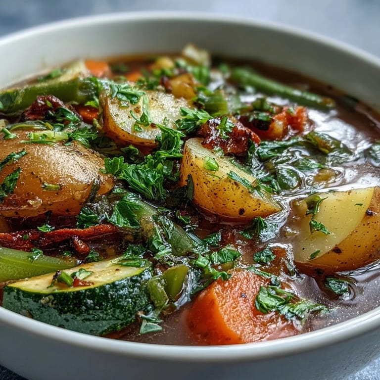 Colorful medley of potatoes, carrots, and peas in homemade vegetable soup.