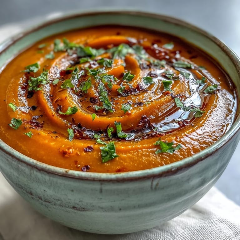 Hearty Roasted Vegetable Soup, featuring caramelized carrots and sweet potatoes, garnished with fresh parsley and toasted seeds, ready to serve on a cozy table.