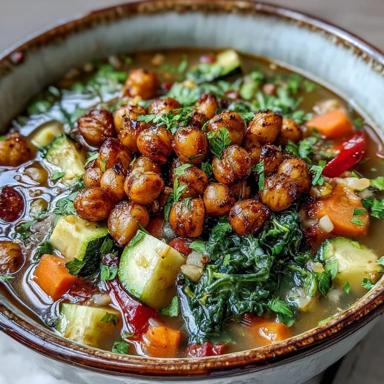 Vibrant vegan Spiced Chickpea and Vegetable Soup featuring colorful diced vegetables in a rich golden broth.