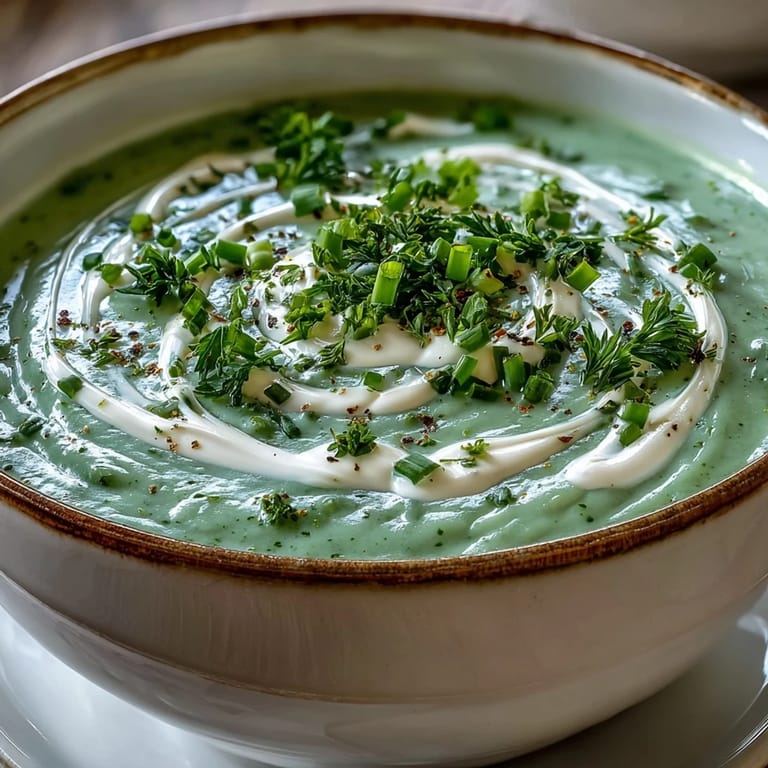 A bowl of Creamy Celery and Herb Soup swirled with cream and fresh parsley garnish.