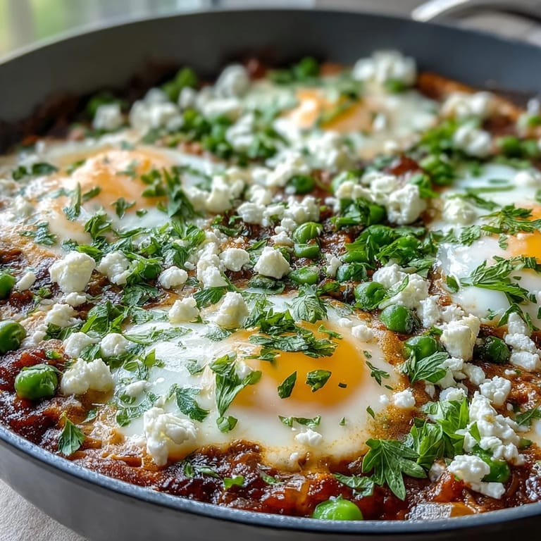 Bright green peas, broad beans, and asparagus fill a bubbling skillet for this savory vegetarian breakfast.