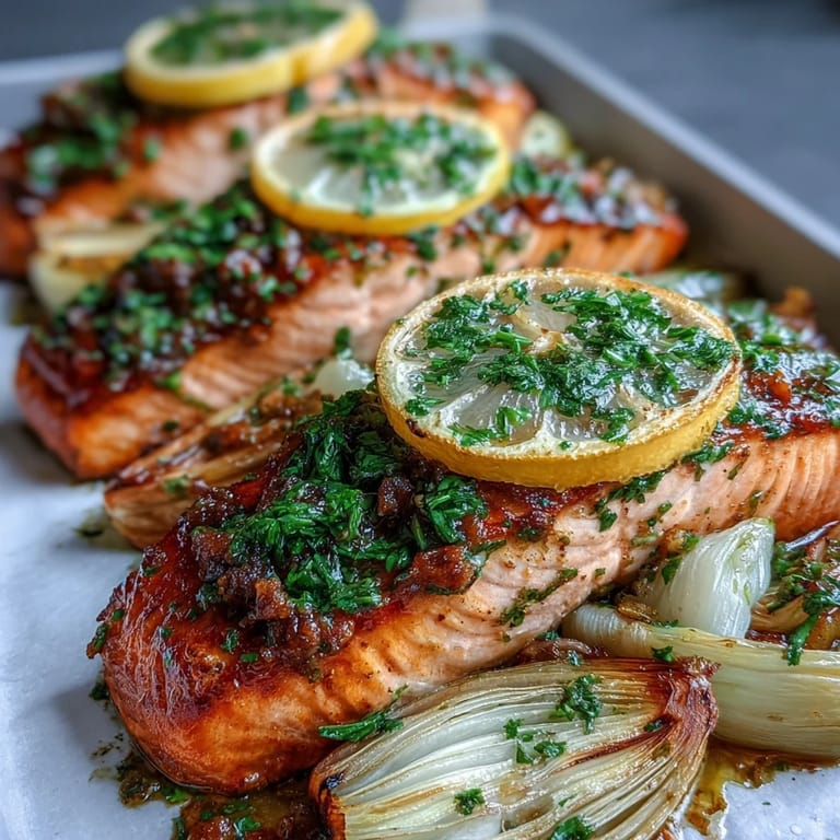 Golden-brown One-Pan Roast Salmon with Leeks, Onions, and Parsley Dressing topped with lemon slices.
