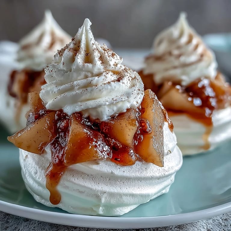 A close view of Mini Hot Toddy Pavlovas, featuring airy meringue, spiced pears, and whipped cream.