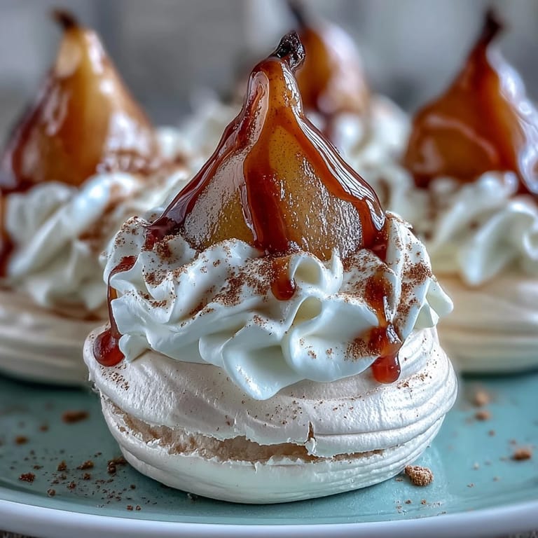 Mini Hot Toddy Pavlovas topped with tender poached pears and a dusting of cinnamon.