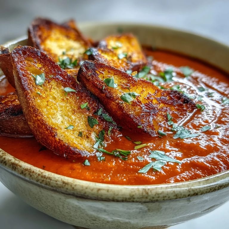 Garnished with fresh herbs, Roasted Red Pepper Soup With Crispy Croutons beside crisp bread.