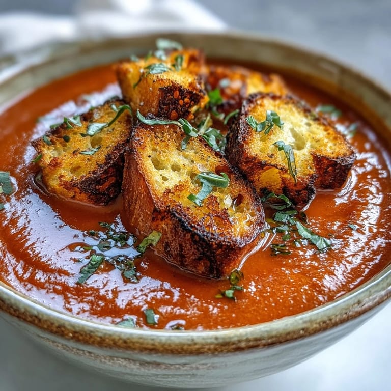 Golden, crunchy croutons topping a vibrant, silky roasted red pepper soup with creamy texture.