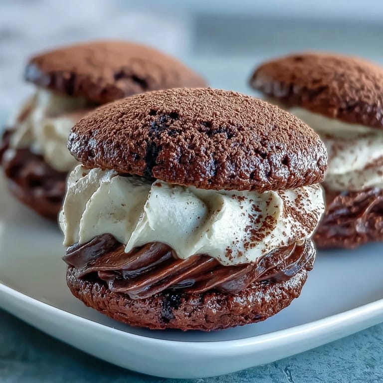 A platter of Tiramisu Whoopie Pies, featuring soft chocolate shells and rich espresso cream, ready to serve.