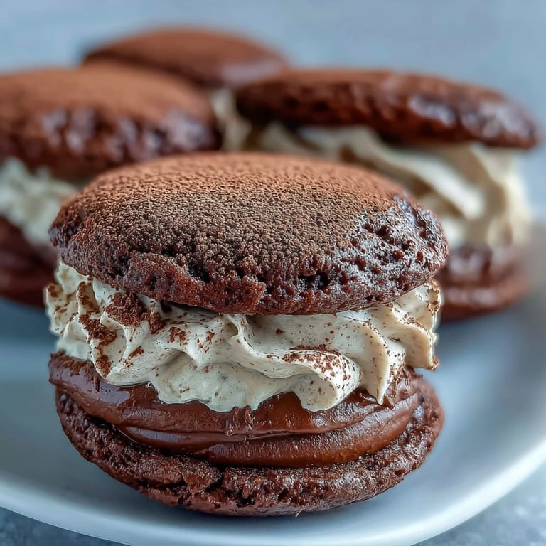 Two Tiramisu Whoopie Pies are stacked with creamy coffee mascarpone filling and a dusting of cocoa.