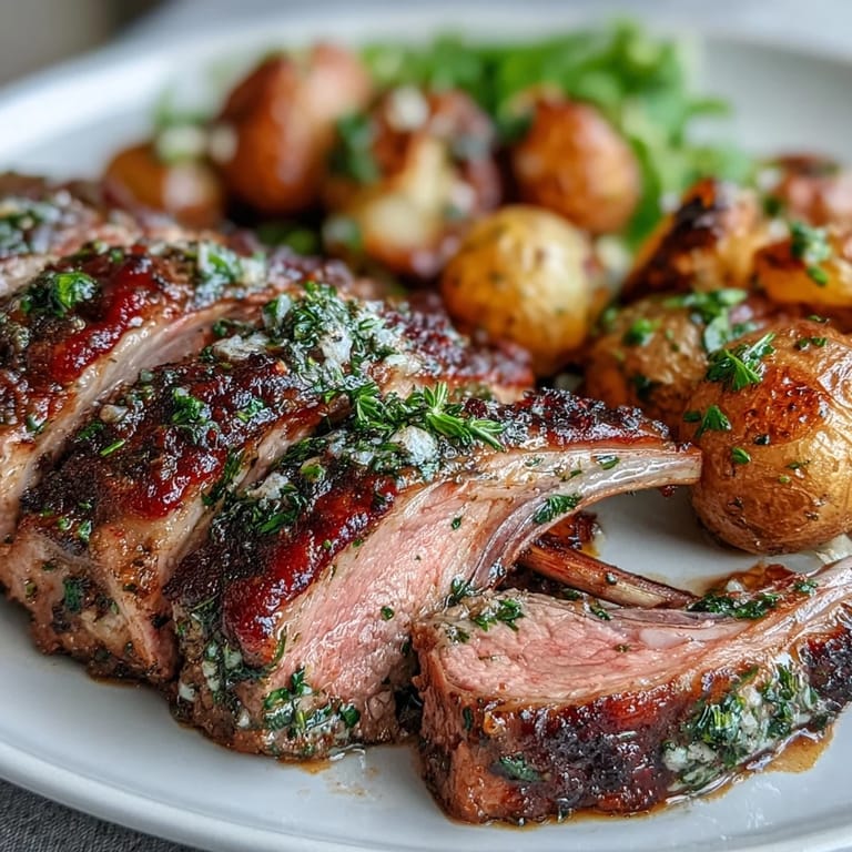 Juicy One-Pan Roast Rack of Lamb with rosemary and garlic, served next to savory green olive potatoes for two.