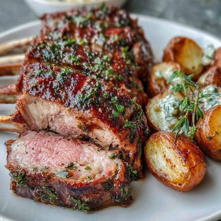Tender, medium-rare One-Pan Roast Rack of Lamb sliced and plated with golden potatoes tossed in a zesty green olive mix.