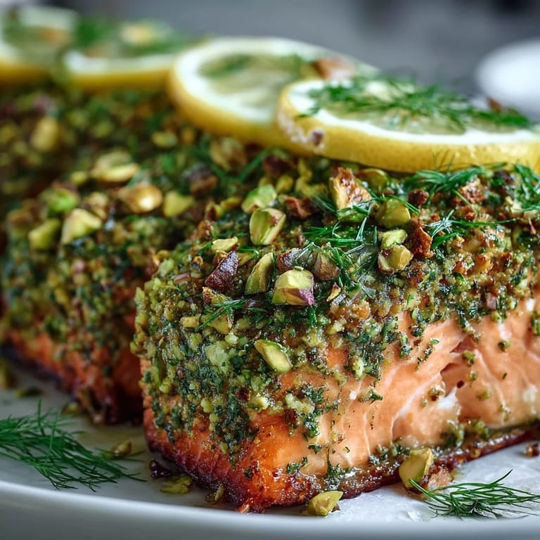 Freshly baked Confit Salmon With Tahini, Pistachio and Herb Crust served warm with lemon wedges and a drizzle of olive oil.