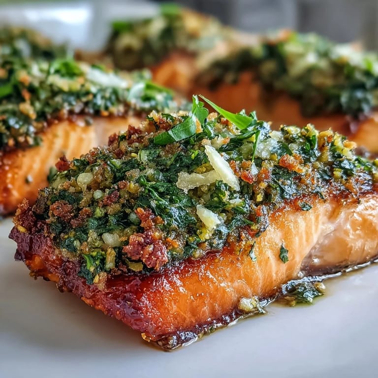 Close-up of tender Confit Salmon With Tahini, Pistachio and Herb Crust, highlighting the crunchy nut and herb topping on a plate.