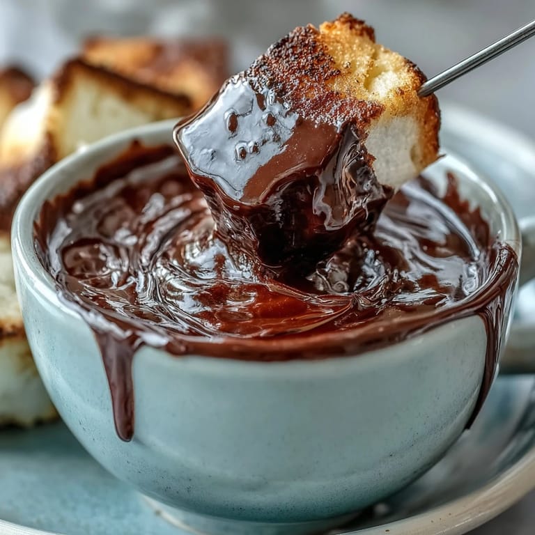 A close-up of Boozy Chocolate Fondue with strawberry and pretzel dippers on a rustic board.