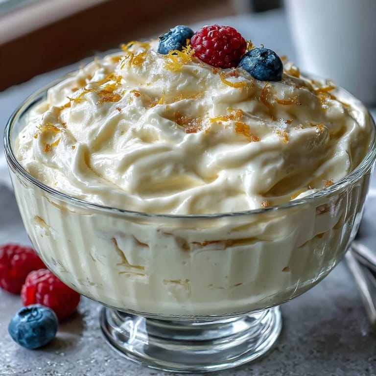 Chilled Lemon Fool topped with lemon zest and fresh blueberries for a bright finish.