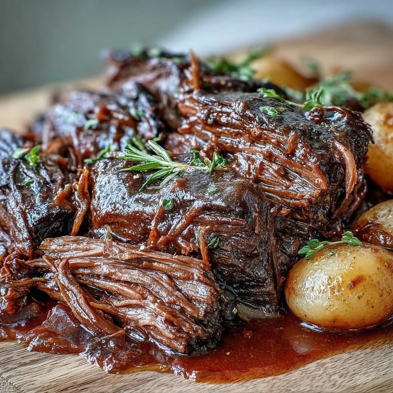 Slow-braised beef pot roast plated over buttered noodles, garnished with fresh parsley for a cozy dinner.