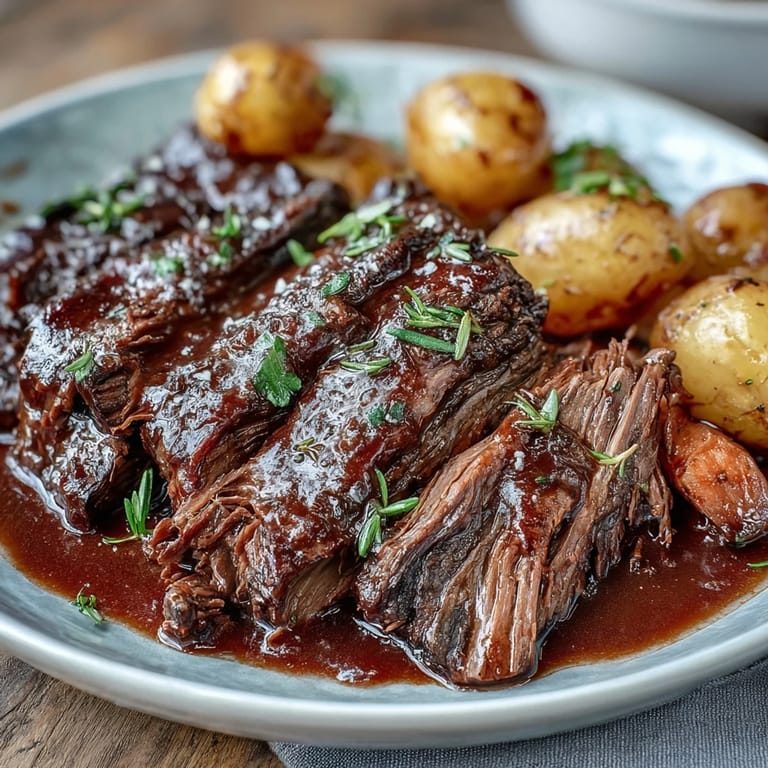 Succulent beef pot roast surrounded by caramelized vegetables, ready to be served with crusty bread.