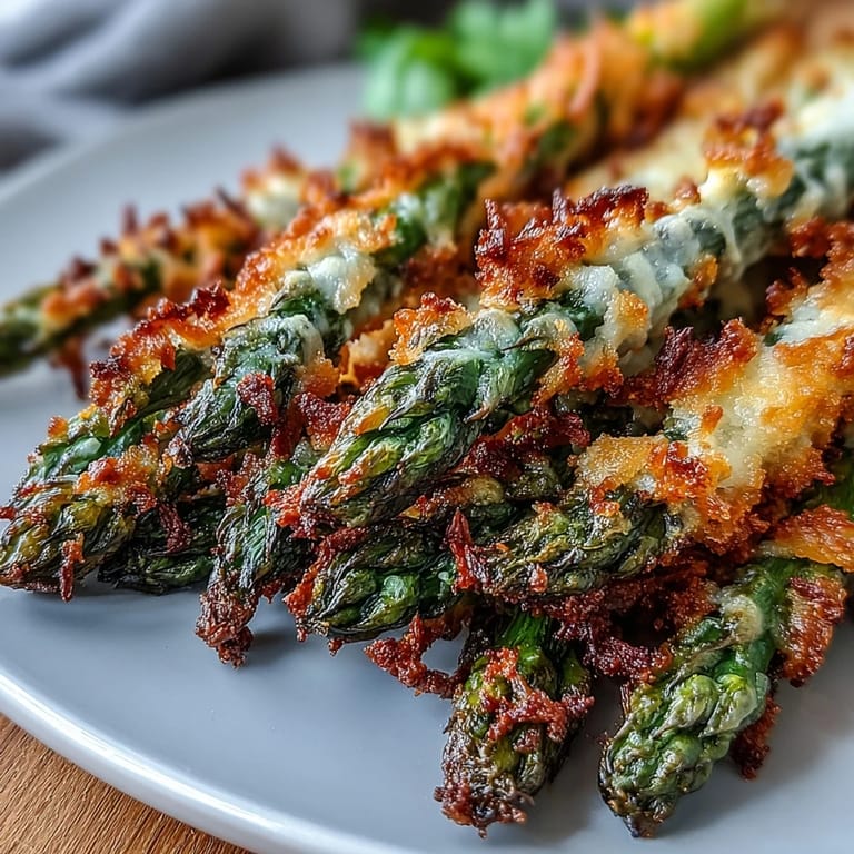 Freshly roasted Crispy Asparagus Asiago Spears with panko crunch, Asiago cheese, and lemon wedges on the side.