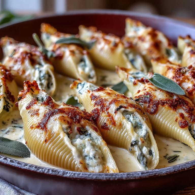 Creamy pumpkin and smoked Gouda filling spilling from jumbo pasta shells coated in brown butter Alfredo.