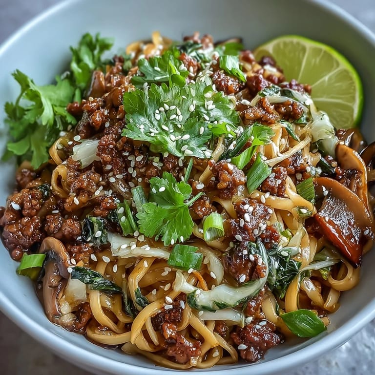 Tender rice noodles tossed with pork and vegetables in a rich, soy-based sauce, topped with green onions and sesame seeds in the Potsticker Noodle Bowls.