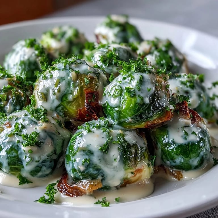 Hearty Brussels sprouts in a rich, creamy Dijon mustard sauce with onion and garlic, served warm from a skillet with a lemony finish.