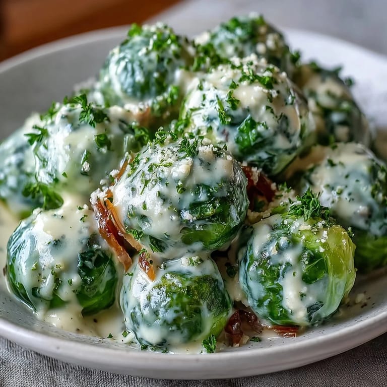 Perfectly cooked Brussels sprouts in a smooth cream cheese-mustard sauce, ready to serve as a comforting vegetarian main or weeknight side dish.