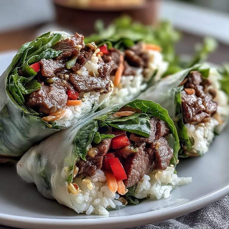 Tightly rolled Thai Basil Beef Rolls filled with beef, cucumber, carrots, fresh herbs, and soft rice paper wrappers.