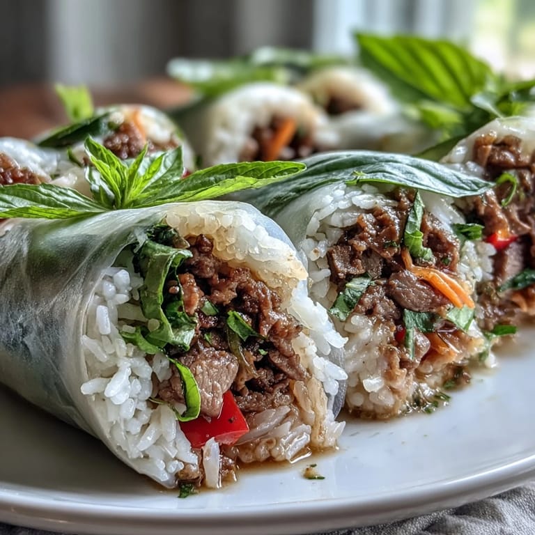 Thai Basil Beef Rolls served with a tangy dipping sauce and fresh lime wedges on a ceramic platter.
