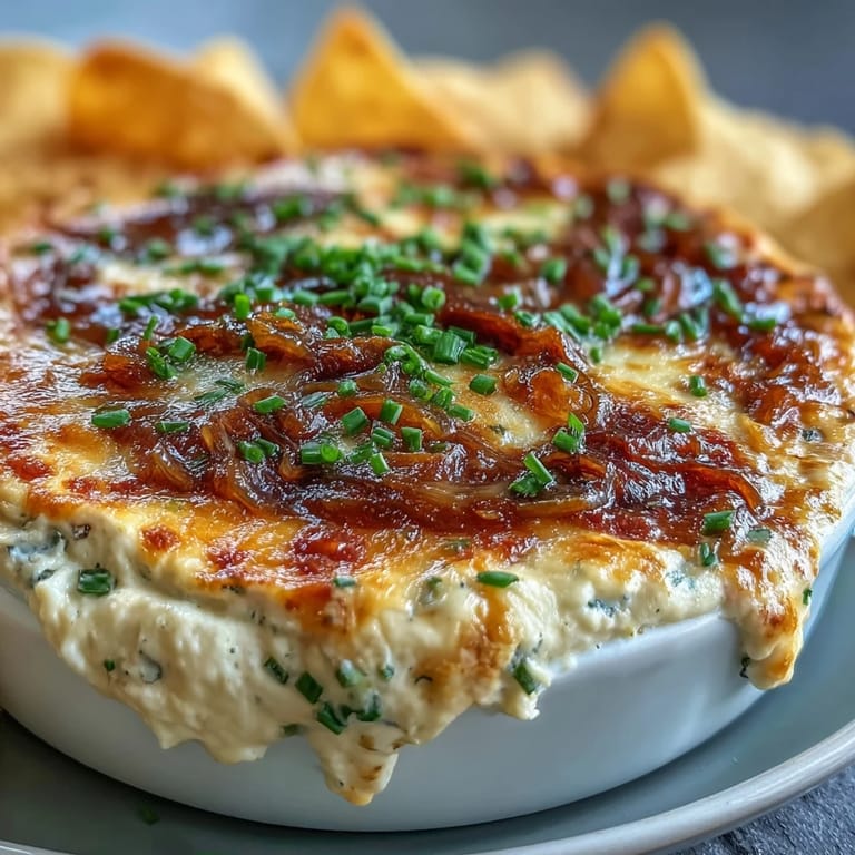 A creamy bowl of Smoked Gouda & Onion Dip topped with chives, surrounded by crisp veggie sticks.
