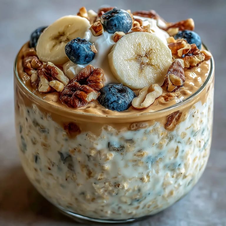Layered High-Protein Peanut Butter Overnight Oats with a rich swirl of peanut butter and fresh blueberries on top.