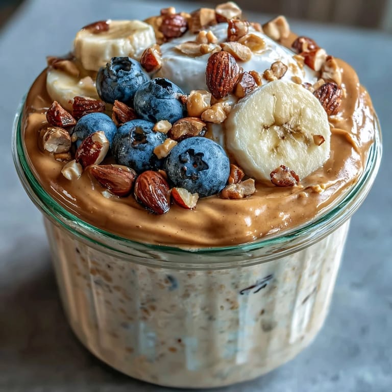 Thick High-Protein Peanut Butter Overnight Oats served in a mason jar with a drizzle of honey and a spoon.