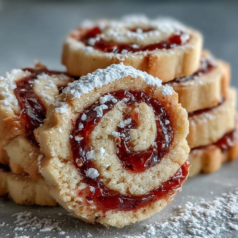 Close-up of Raspberry Swirl Shortbread Cookies reveals buttery texture and a vibrant, gooey raspberry jam swirl in the center.