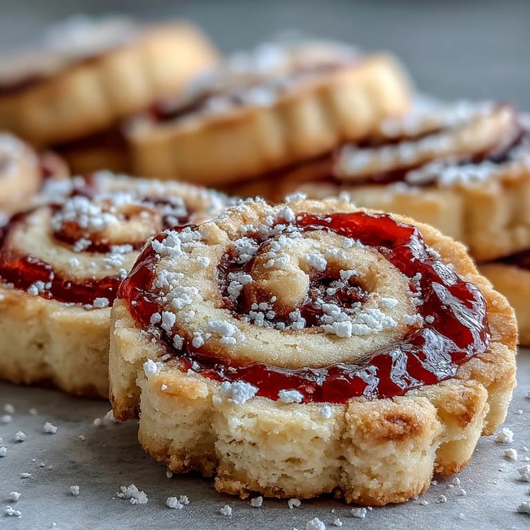 Golden Raspberry Swirl Shortbread Cookies are dusted with sugar and arranged with tea for a cozy teatime treat.