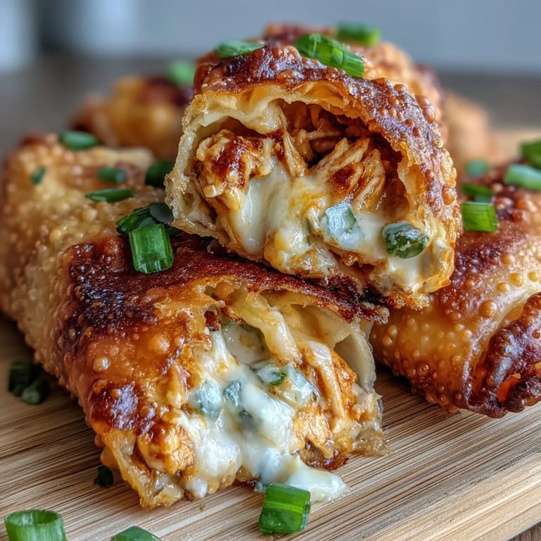Freshly fried Buffalo Chicken Dip Egg Rolls, showcasing a crispy wrapper and a filling of spicy chicken and melted cheddar cheese.