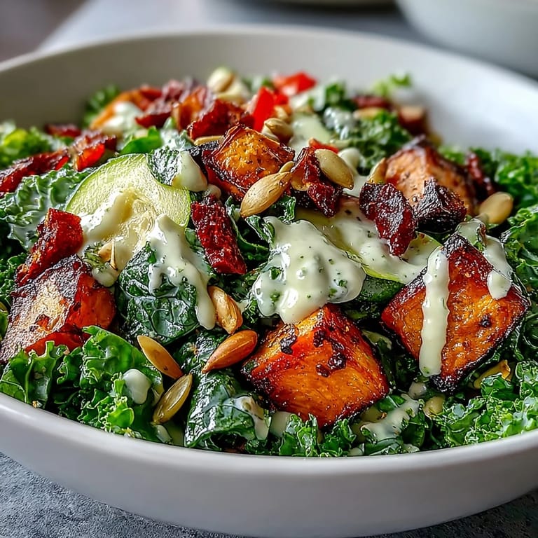Healthy Kale Salad Bowl served on a white plate, featuring tender kale, zucchini, red onion, and a generous swirl of homemade tahini dressing.