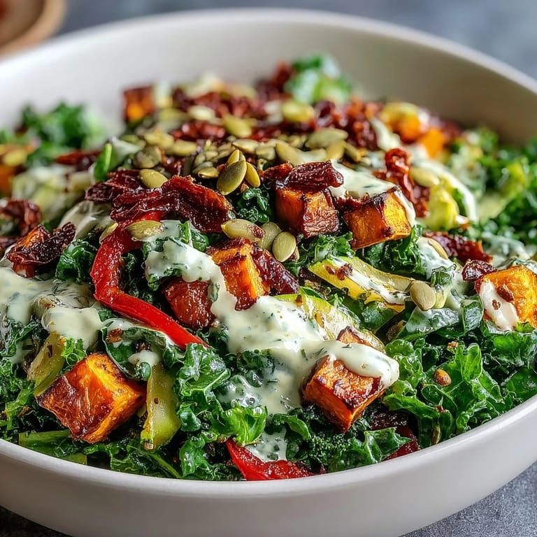 A hearty Kale Salad Bowl filled with colorful roasted vegetables and pumpkin seeds, drizzled with creamy tahini dressing and garnished with bright cherry tomatoes.