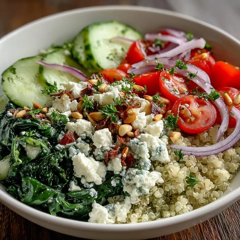 A warm Spinach and Feta Grain Bowl with fluffy quinoa, sautéed greens, and crunchy pine nuts, ready to serve.
